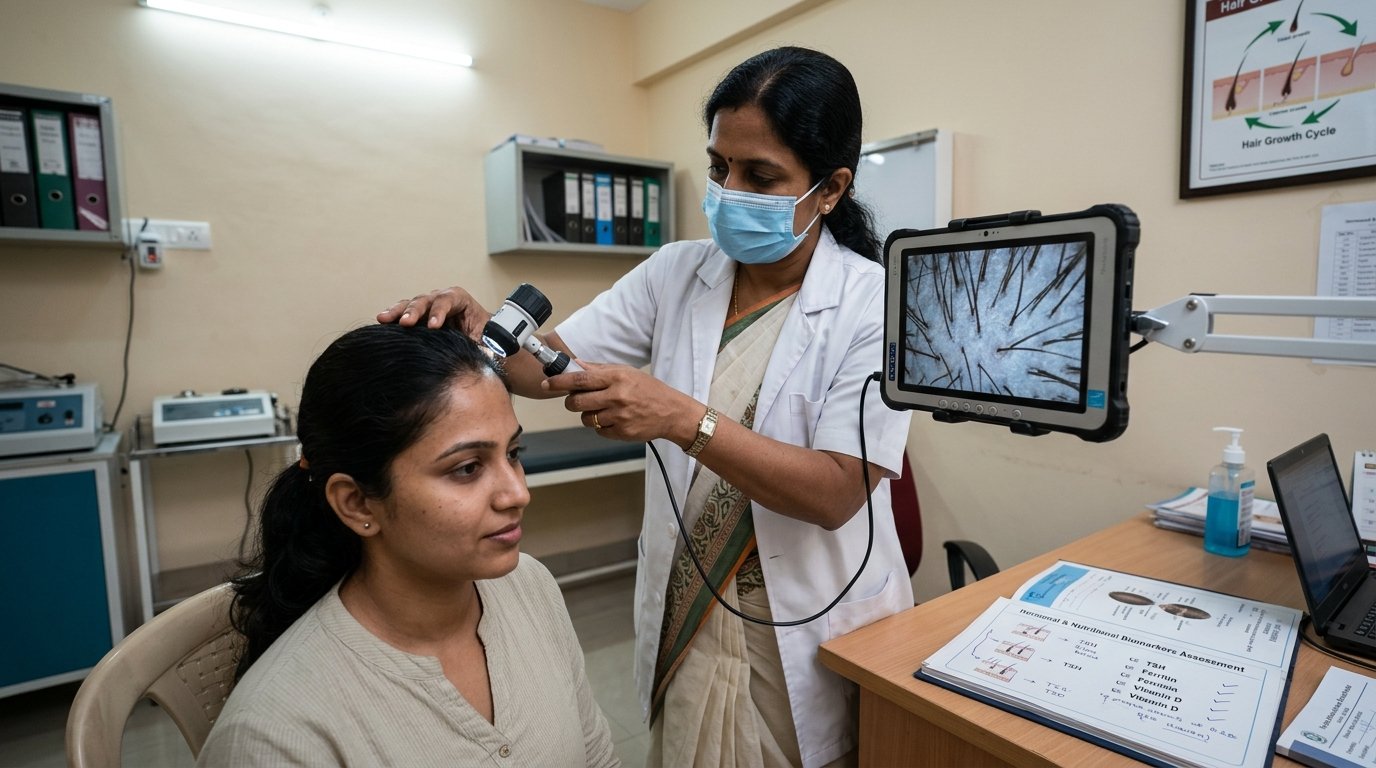 Clinical scalp assessment with dermatoscope at Novelty Homoeopathic Hospital